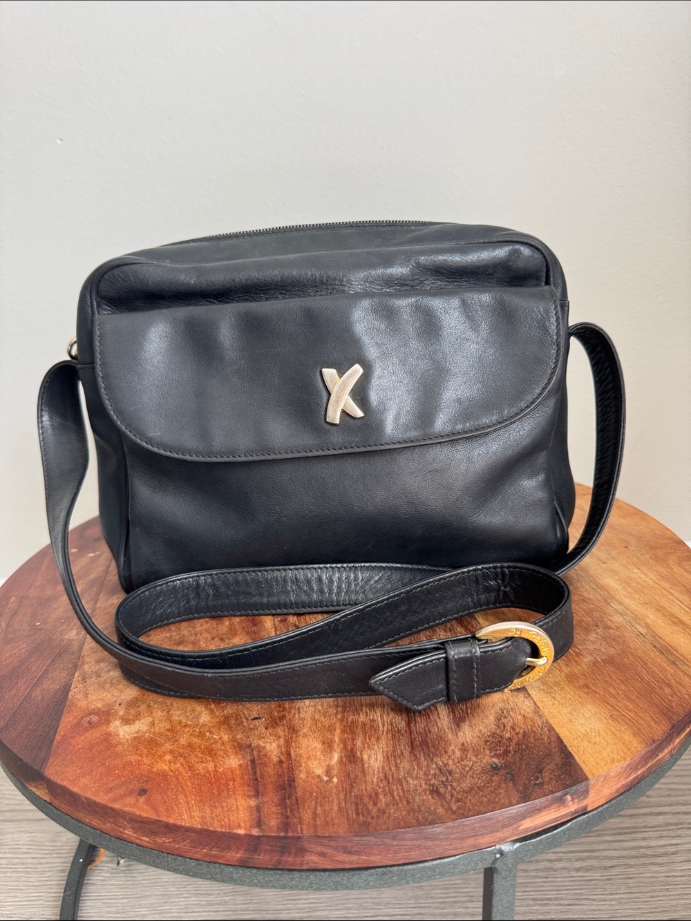 By Paloma Picasso Black Leather Crossbody Bag Made in Italy Vintage Designer